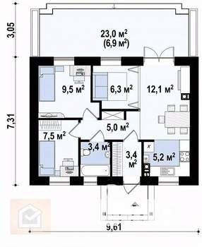 Дом 59м², 1-этажный, участок 4 сот.  