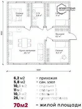 Дом 70м², 1-этажный, участок 6 сот.  