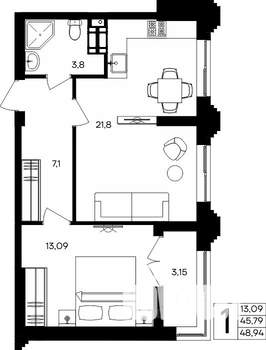 1-к квартира, строящийся дом, 49м2, 1/9 этаж