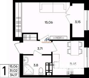 1-к квартира, вторичка, 34м2, 2/9 этаж