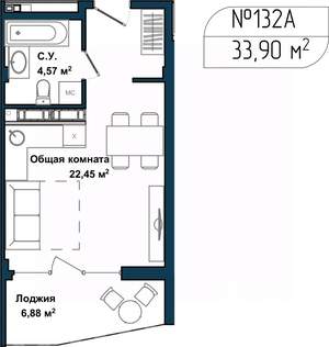 Студия квартира, сданный дом, 34м2, 2/5 этаж