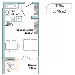 1-к квартира, вторичка, 35м2, 1/5 этаж
