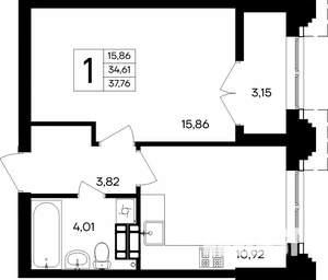 1-к квартира, строящийся дом, 38м2, 6/9 этаж