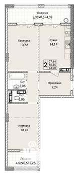 2-к квартира, вторичка, 64м2, 5/9 этаж