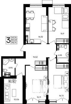 3-к квартира, строящийся дом, 98м2, 9/9 этаж