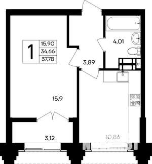 1-к квартира, строящийся дом, 38м2, 6/9 этаж