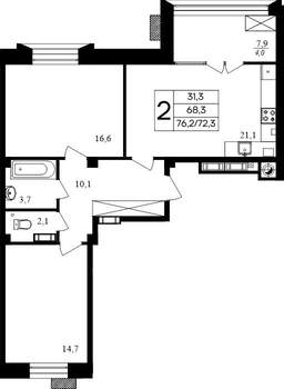 2-к квартира, строящийся дом, 76м2, 3/8 этаж