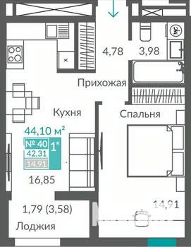 1-к квартира, строящийся дом, 42м2, 5/12 этаж