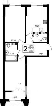 2-к квартира, строящийся дом, 62м2, 2/9 этаж
