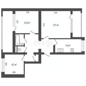 3-к квартира, вторичка, 66м2, 2/9 этаж