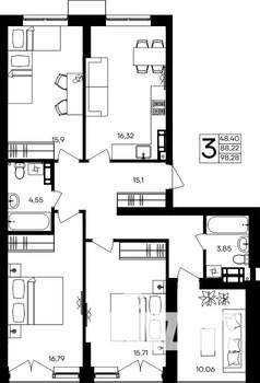 3-к квартира, строящийся дом, 98м2, 9/9 этаж