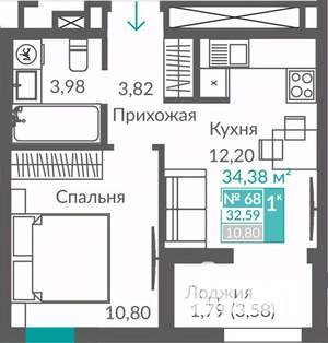 1-к квартира, строящийся дом, 33м2, 9/12 этаж