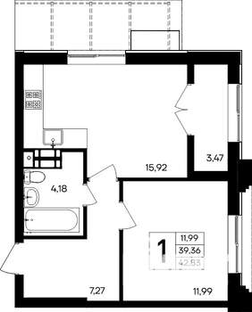 1-к квартира, строящийся дом, 43м2, 3/9 этаж