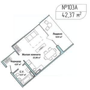 1-к квартира, вторичка, 42м2, 3/5 этаж
