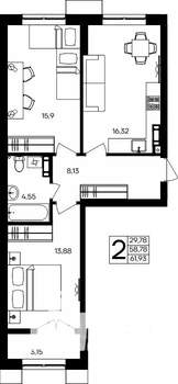 2-к квартира, строящийся дом, 62м2, 7/9 этаж