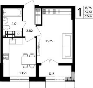 1-к квартира, строящийся дом, 38м2, 4/9 этаж