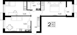2-к квартира, строящийся дом, 62м2, 8/9 этаж