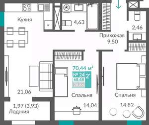 2-к квартира, вторичка, 68м2, 4/12 этаж
