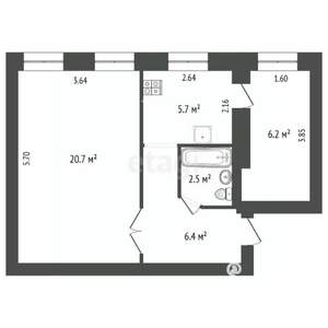 2-к квартира, вторичка, 42м2, 1/2 этаж