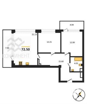 2-к квартира, вторичка, 73м2, 7/10 этаж
