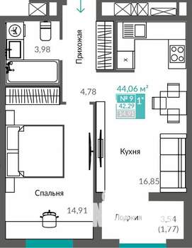 1-к квартира, строящийся дом, 42м2, 7/12 этаж