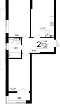 2-к квартира, вторичка, 62м2, 3/9 этаж