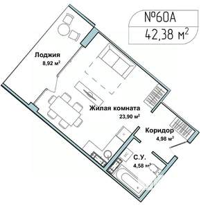 1-к квартира, вторичка, 42м2, 2/5 этаж