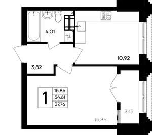 1-к квартира, строящийся дом, 38м2, 1/9 этаж