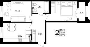 2-к квартира, строящийся дом, 58м2, 3/9 этаж