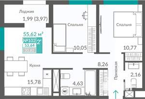 2-к квартира, строящийся дом, 54м2, 12/12 этаж