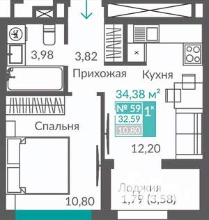 1-к квартира, строящийся дом, 33м2, 8/12 этаж