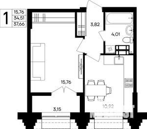 1-к квартира, строящийся дом, 38м2, 3/9 этаж
