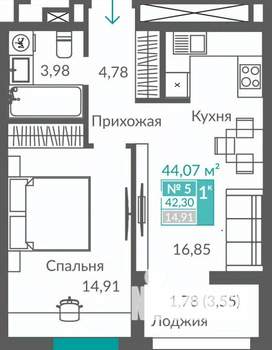 1-к квартира, строящийся дом, 42м2, 2/12 этаж