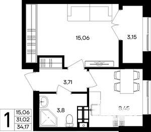 1-к квартира, строящийся дом, 34м2, 2/9 этаж