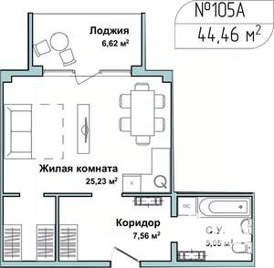 1-к квартира, сданный дом, 44м2, 4/5 этаж