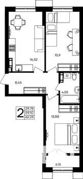 2-к квартира, строящийся дом, 62м2, 6/9 этаж