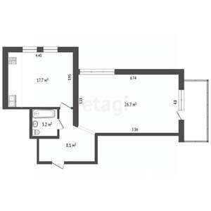 1-к квартира, вторичка, 57м2, 6/8 этаж