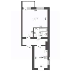 1-к квартира, вторичка, 45м2, 1/2 этаж