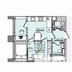 1-к квартира, строящийся дом, 32м2, 4/5 этаж