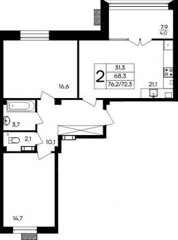 2-к квартира, строящийся дом, 76м2, 1/8 этаж