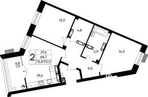 2-к квартира, строящийся дом, 73м2, 1/8 этаж