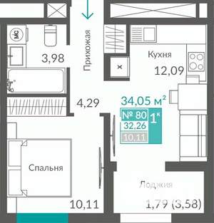 1-к квартира, строящийся дом, 32м2, 10/12 этаж