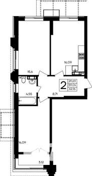 2-к квартира, строящийся дом, 62м2, 7/9 этаж