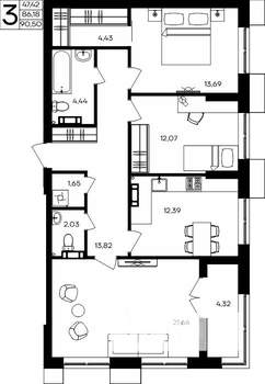 3-к квартира, строящийся дом, 91м2, 7/9 этаж