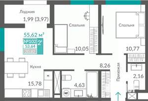 2-к квартира, строящийся дом, 54м2, 12/12 этаж
