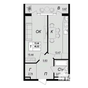 1-к квартира, вторичка, 47м2, 8/10 этаж
