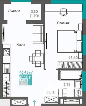 1-к квартира, строящийся дом, 45м2, 7/12 этаж