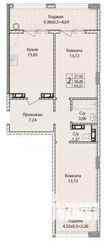 2-к квартира, строящийся дом, 63м2, 7/9 этаж