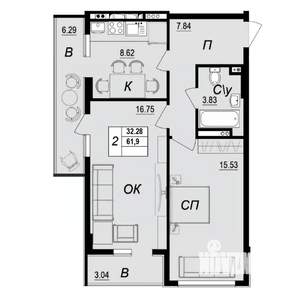 2-к квартира, вторичка, 62м2, 7/10 этаж