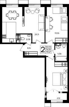 2-к квартира, строящийся дом, 79м2, 2/9 этаж